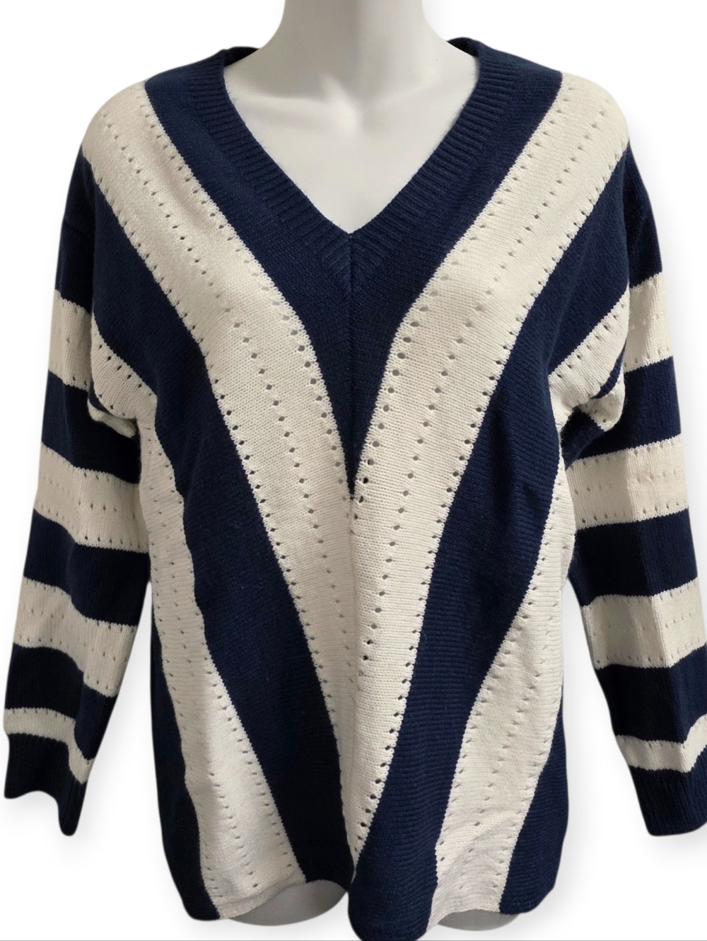 Blue & White Striped V-Neck Oversized Sweater